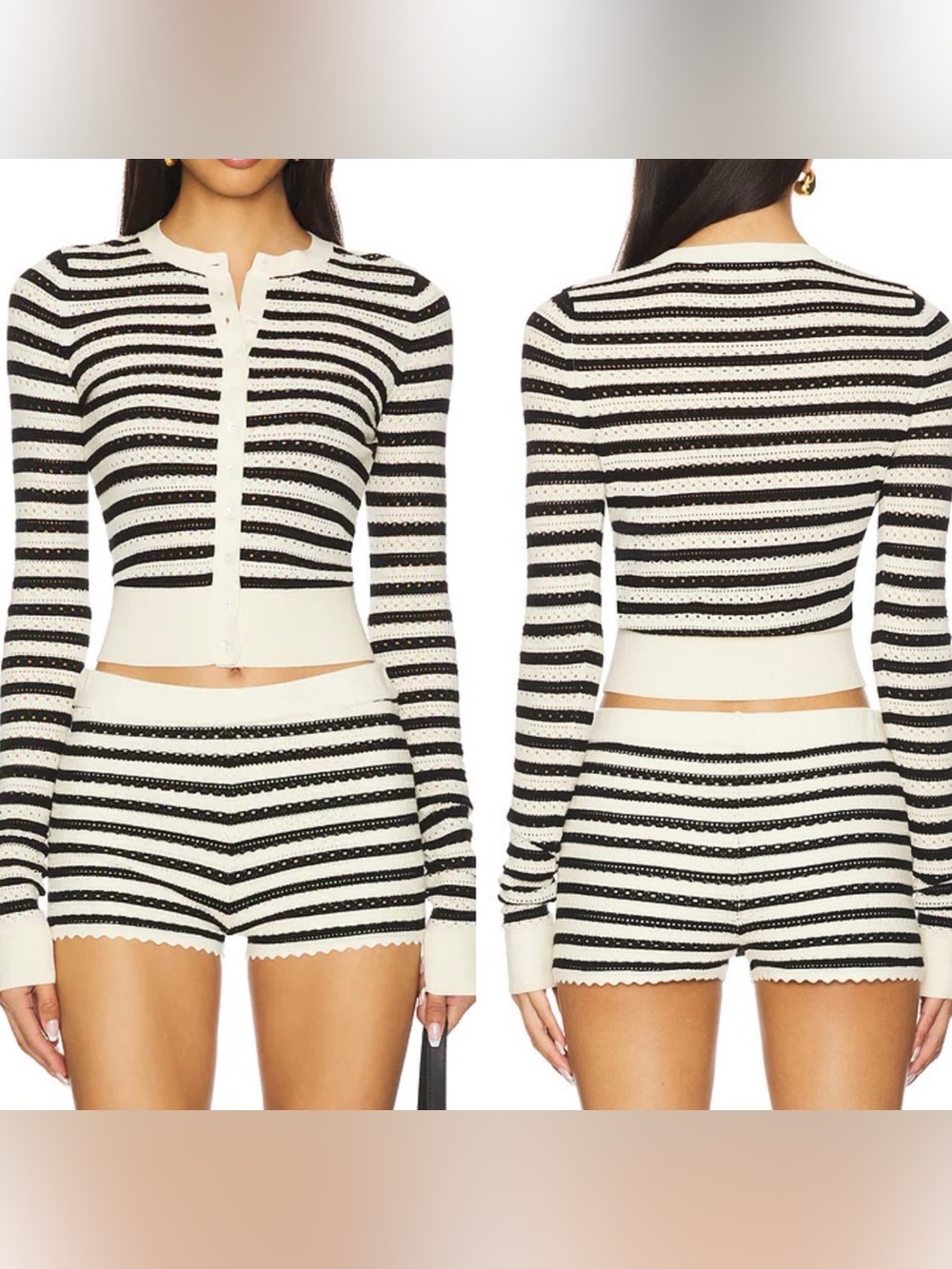 Amanda Uprichard Seine Cardigan XS Black Cream Striped Pointelle Crop - Picture 1 of 10